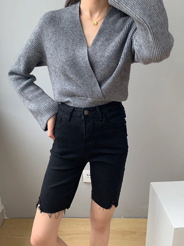 Asymmetric Solid Color Long Sleeves V-Neck Sweater Pullovers Knitwear