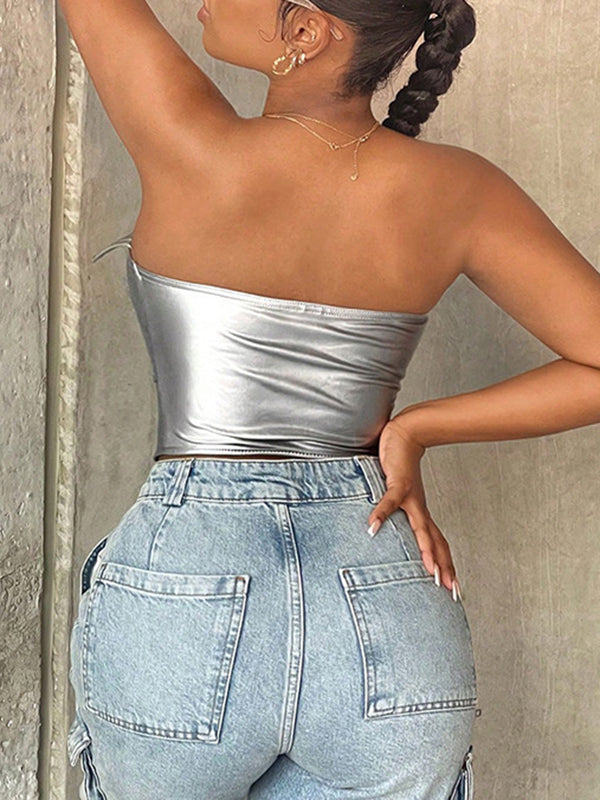 Solid Color Split-Joint Zipper Skinny Sleeveless Tube Vest Top