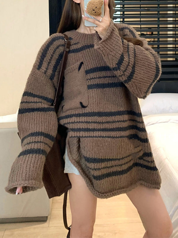 Split-Joint Striped Long Sleeves Loose Round-Neck Sweater