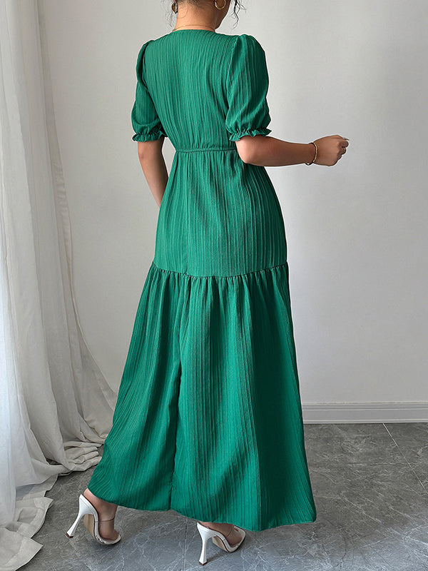 Pleated Solid Color Split-Front Half Sleeves High Waisted V-Neck Maxi Dresses