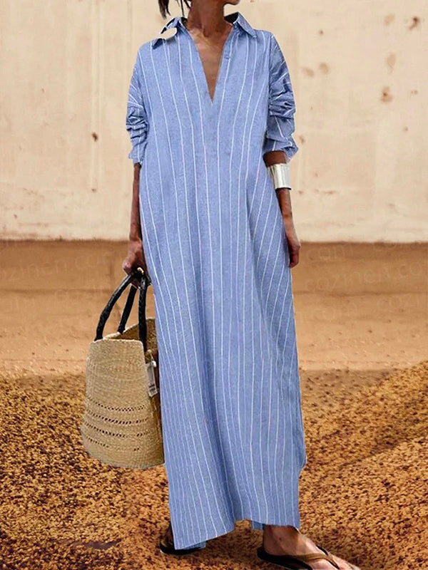 Striped Long Sleeves Lapel Maxi Dresses