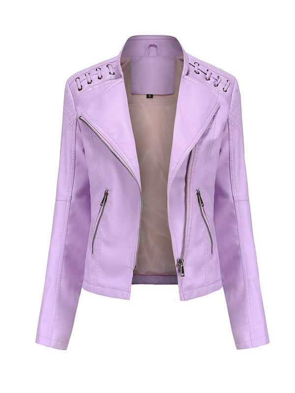 Split-Joint Zipper Long Sleeves Mock Neck Outerwear PU Jackets