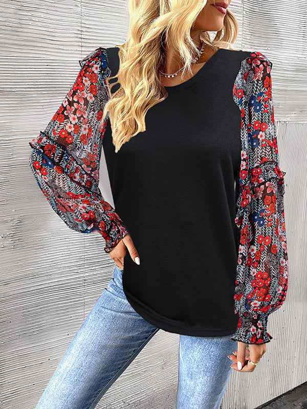 Flower Print Split-Joint Long Sleeves Loose Round-neck Blouses&shirts Tops