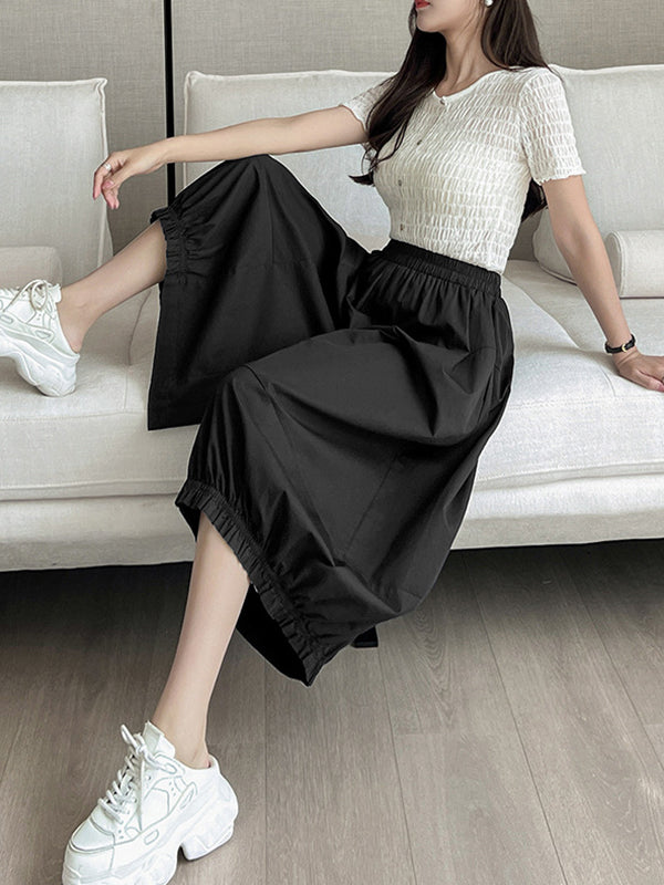 Elasticity Solid Color Split-Joint High Waisted Loose Trousers Pants Ninth Pants Knickerbockers