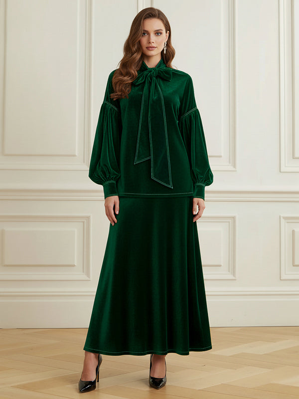 Long Sleeves Puff Sleeves Bow-Embellished Pleated Solid Color Split-Joint Tied Half Turtleneck Blouses&Shirts Tops