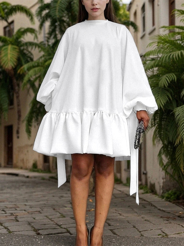 Falbala Solid Color Long Sleeves Loose Stand Collar Mini Dresses