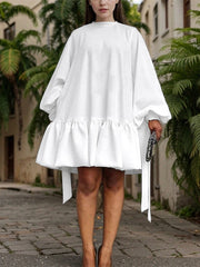 Falbala Solid Color Long Sleeves Loose Stand Collar Mini Dresses