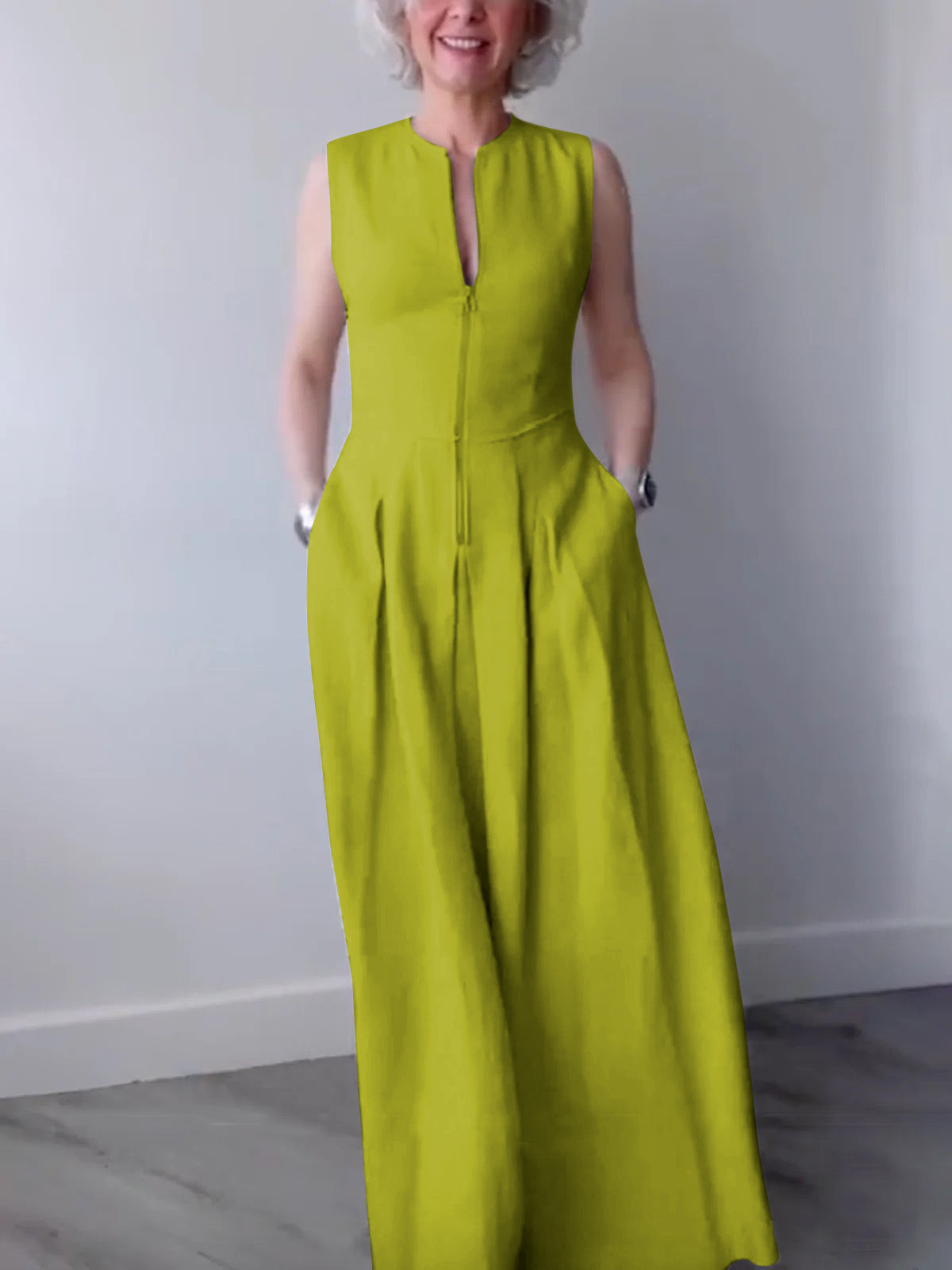 Pleated Pockets Split-Joint Zipper A-Line Loose Round-Neck Maxi Dresses