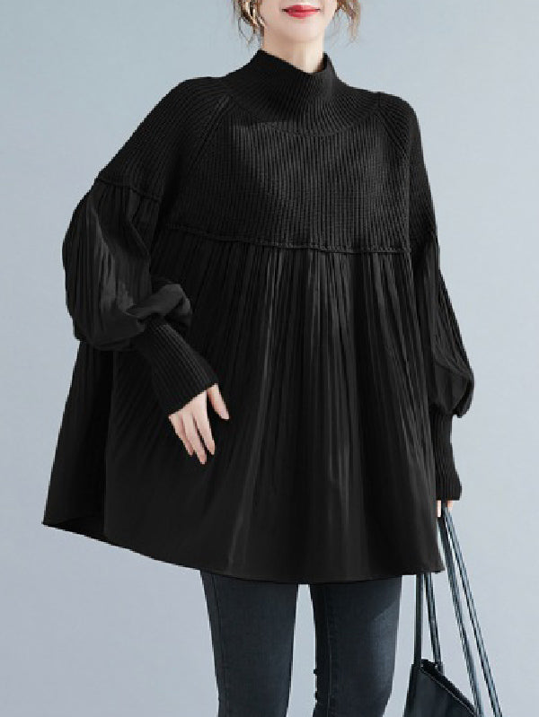 Pleated Split-Joint Long Sleeves Loose High Neck Sweater Tops