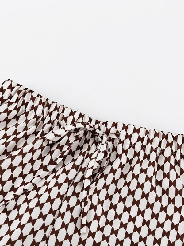 Plaid Printed Half Sleeves Loose Lapel Shirts&Pants Two Pieces Set