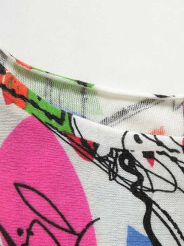 Printed Split-Joint Long Sleeves Loose Round-Neck Sweater Tops