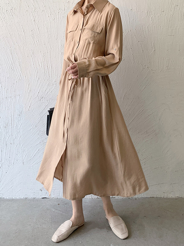 Casual A-Line Long Sleeves Bandage Solid Color Lapel Collar Shirt Midi Dresses
