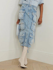 Buckle Split-back Split-Joint Streamer Zipper High Waisted Loose Skirts