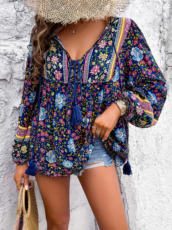 Contrast Color Elasticity Pleated Split-Joint Tied Long Sleeves Loose V-neck Blouses&shirts Tops