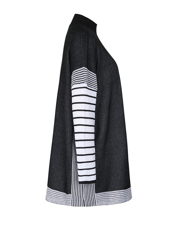 Contrast Color Striped Long Sleeves Loose Mock Neck Sweater Tops Pullovers