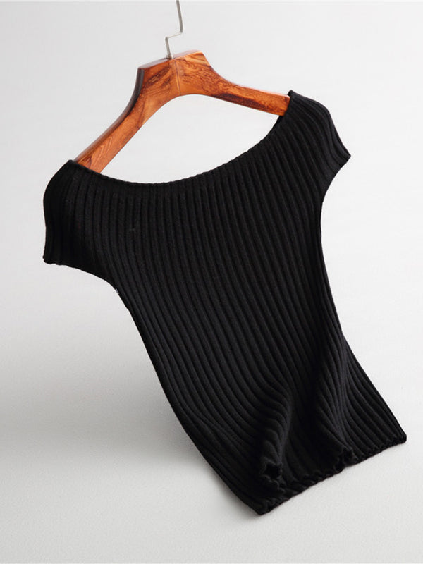 Solid Color Short Sleeves Skinny Boat Neck Sweater Pullovers Knitwear