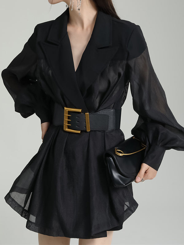Belted See-Through Puff Sleeves Loose Lapel Blouses&shirts Tops