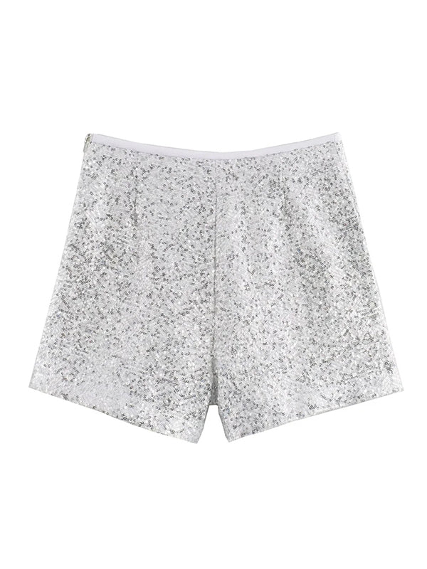 V-Neck Long Sleeves Loose Sequined Shiny Blazers Top + Shorts Bottom Two Pieces Set