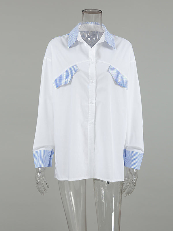 Buttoned Split-Joint Striped Long Sleeves Loose Lapel Blouses&Shirts Tops