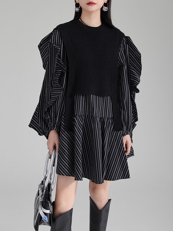 Ruffled Split-Joint Long Sleeves Loose Round-Neck Inner Mini Shirt Dress + Outer Vest Two Pieces Set
