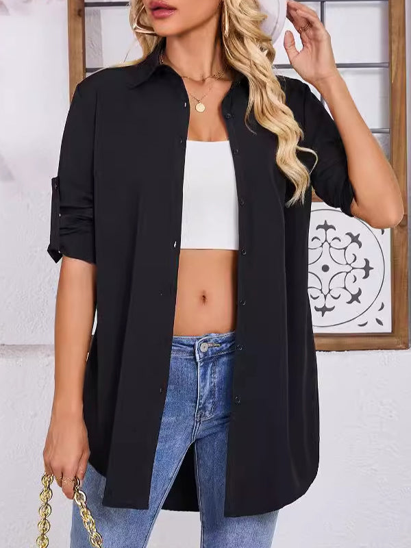 See-Through Solid Color Split-Joint Long Sleeves Loose Lapel Blouses
