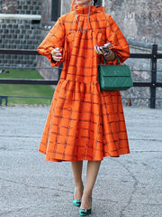 Original Creation Loose Puff Sleeves Plaid High-Neck Midi Dresses