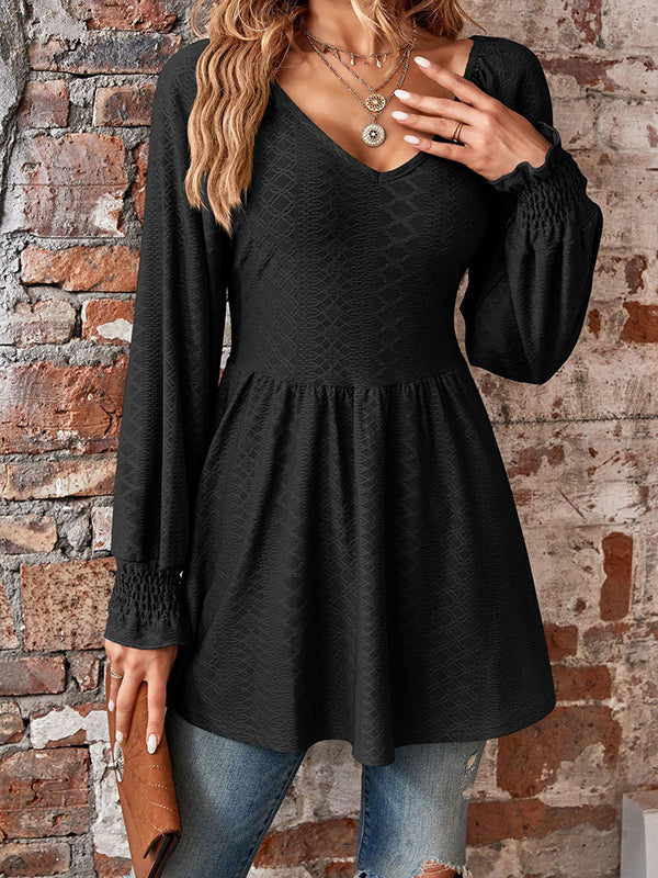 Elasticity Jacquard Pleated Solid Color Long Sleeves V-Neck T-Shirts Tops