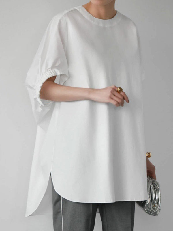Elasticity Solid Color Split-side High-low Loose Round-neck T-Shirts Tops
