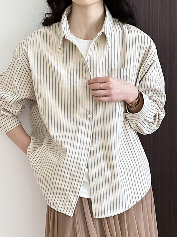 Buttoned Pockets Striped Long Sleeves Loose Lapel Blouses&Shirts Tops