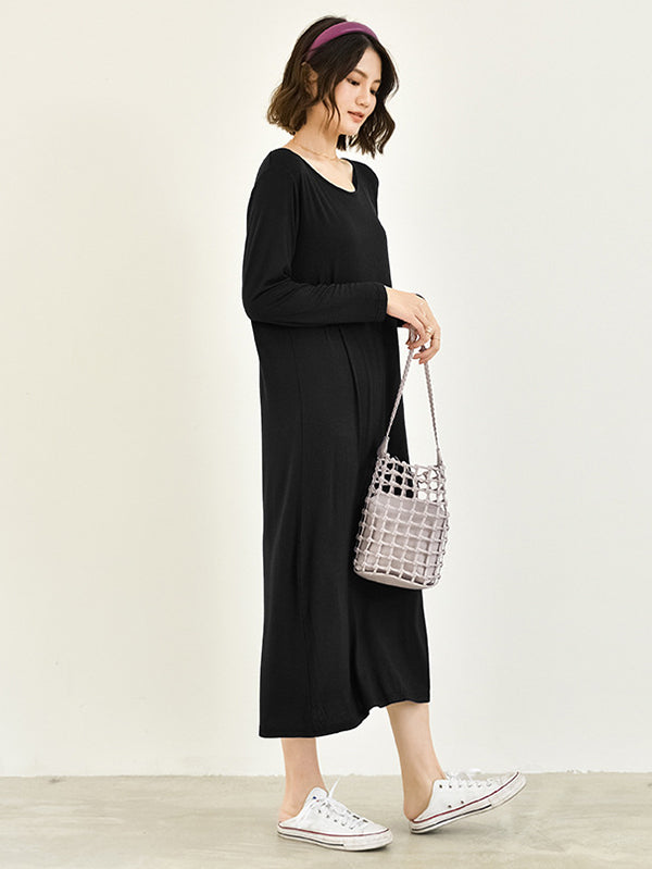 Simple Long Sleeves Loose Solid Color Round-Neck Midi Dresses