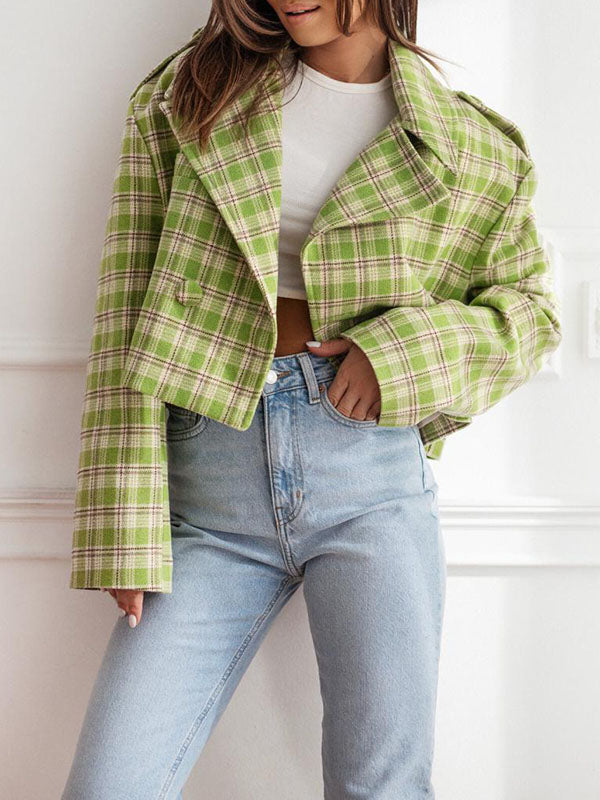 Plaid Split-Joint Long Sleeves Loose Peter Pan Collar Jackets&Coats