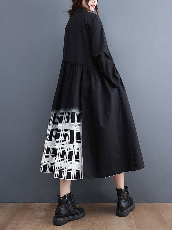Buttoned Gradient Plaid A-Line Long Sleeves Lapel Midi Dresses