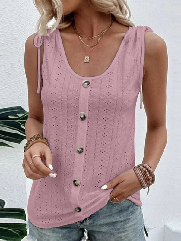 Buttoned Hollow Pleated Split-Joint Tied Loose Plus Size U-neck Vest Top