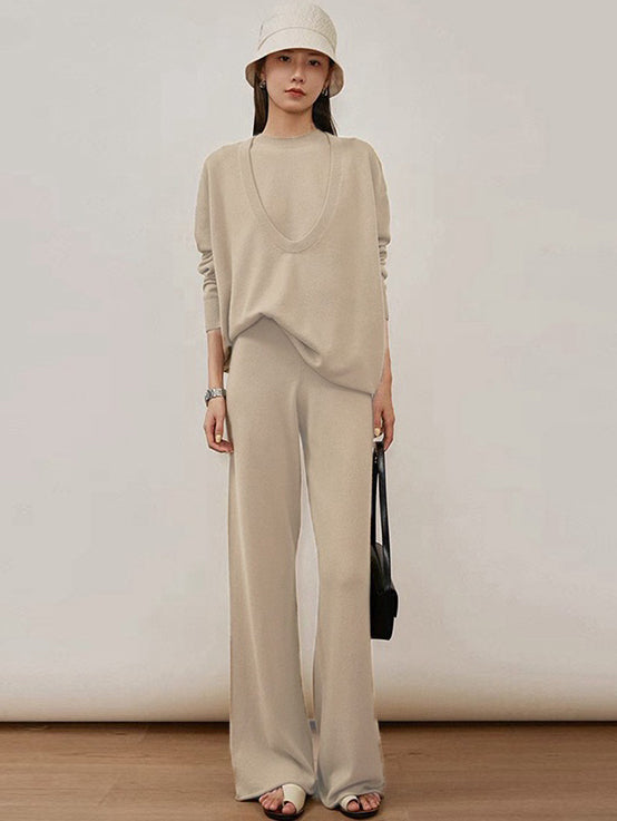 Urban Loose Solid Round-Neck Vest Top& V-Neck Sweater Tops& Wide Leg Pants Three-Piece Set