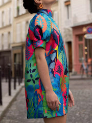 Contrast Color Leaves Print Loose Puff Sleeves High Neck Mini Dresses