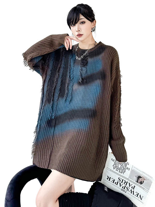 Abstract Printed Asymmetric Contrast Color Split-Joint Tasseled Irregularity Long Sleeves Round-Neck Sweater Tops