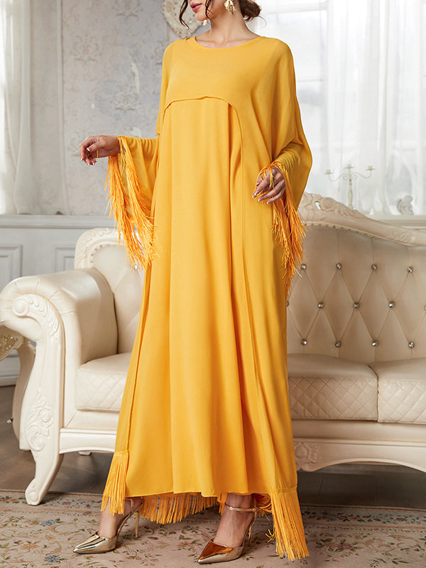 Gauze Solid Color Tasseled Zipper A-line High Waisted Round-neck Two Pieces Set Maxi Dresses
