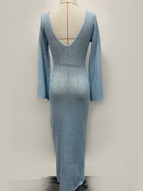 Hollow See-Through Smocked Solid Color Sun protection Loose Deep V-Neck Maxi Dresses Beach Cover-Up