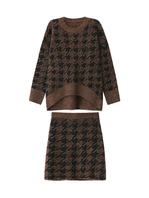 Contrast Color Split-joint Ribs Shiny Swallow Gird/Houndstooth Round-Neck Sweater Tops + A-Line Elasticated Waist Skirts Bottoms  Two Pieces Set