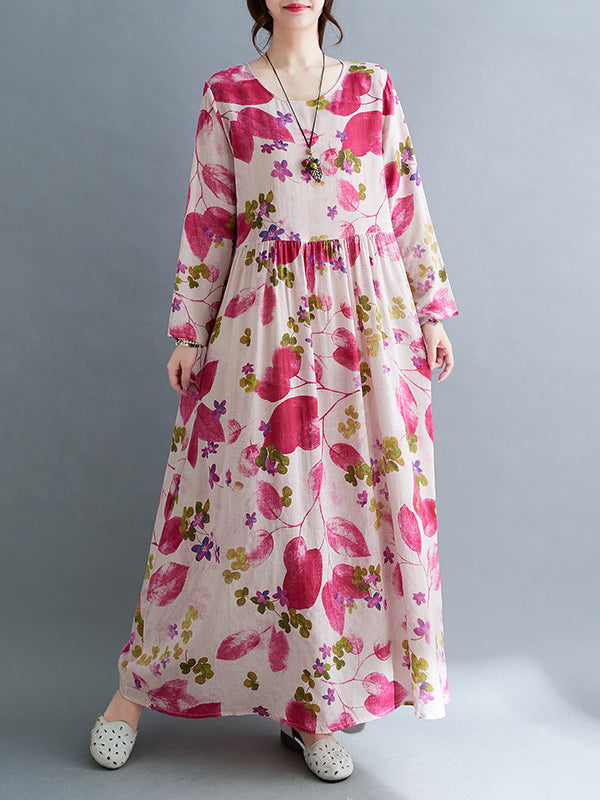 Flower Print Split-Joint Long Sleeves Loose Round-Neck Midi Dresses