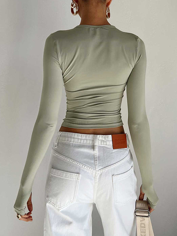 Hollow Solid Color Long Sleeves Skinny Round-Neck T-Shirts Tops