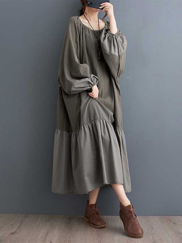 Elasticity Pleated Split-Joint A-line Loose Round-neck Midi Dresses