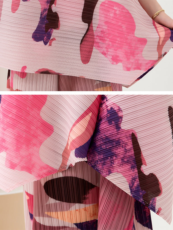 Original Loose Short Sleeves Contrast Color Printed Round-Neck T-Shirt Tops&Wide Legs Pants Two Pieces Set