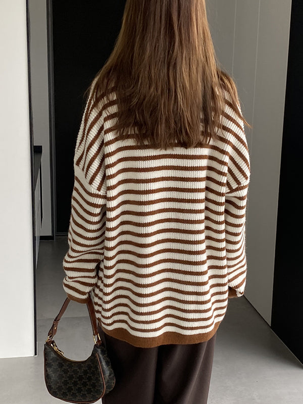 Striped Long Sleeves Loose High-Neck Sweater Pullovers Knitwear