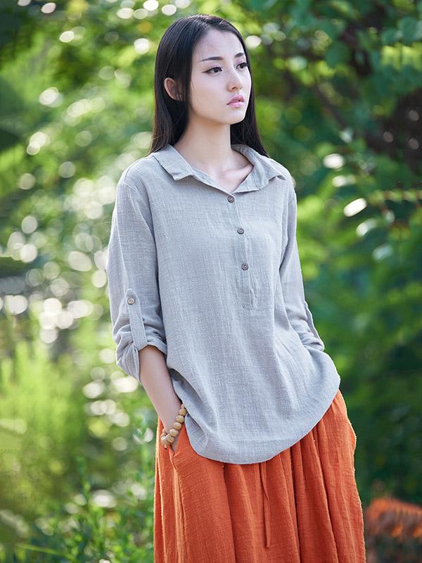 White&Gray&Beige Lapel Ramie Cotton T-shirt