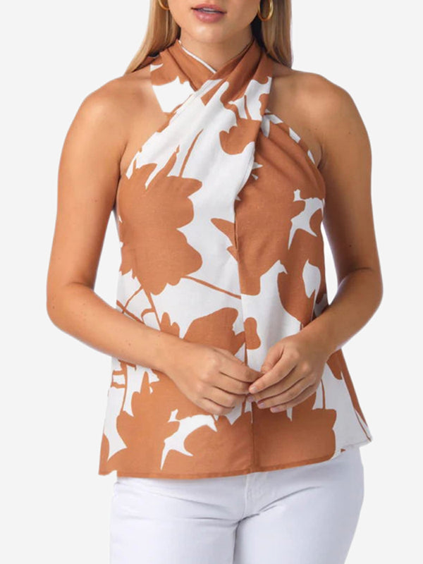 Halter-Neck Loose Backless Flower Print Tied Vest Top + Elasticity Pockets High Waisted Shorts Bottom Two Pieces Set