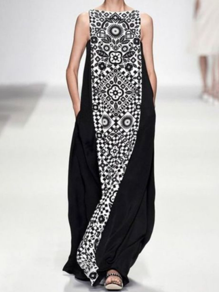 Printed Loose Sleeveless Round-Neck Maxi Dresses