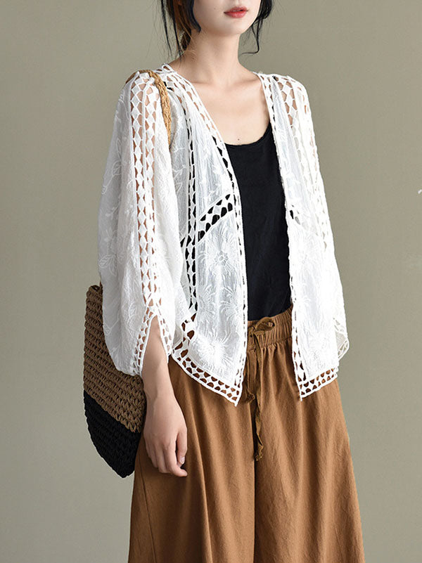 Seven-Quarter Sleeves Crochet Hollow Solid Color Outerwear