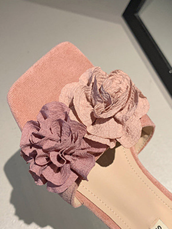 Flower Shape Open Toe Split-Joint Square-Toe Slippers&Mules