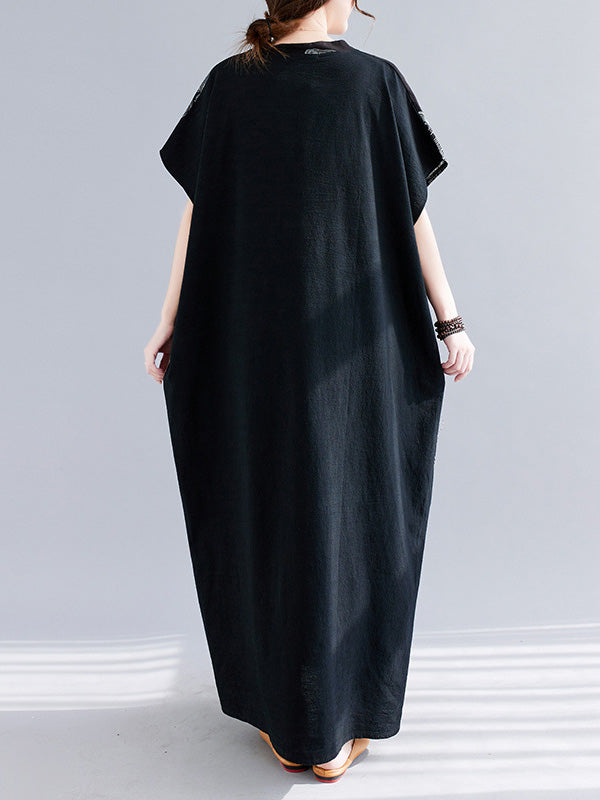 Casual Short Sleeves Loose Contrast Color Printed V-Neck Maxi Dresses